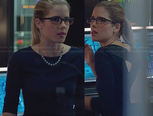 Felicity's dress with leather cross back on Arrow