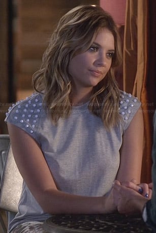 Hanna's grey t-shirt with white studded shoulders on Pretty Little Liars