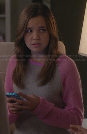 Hillary's pink and grey baseball sweater on Trophy Wife
