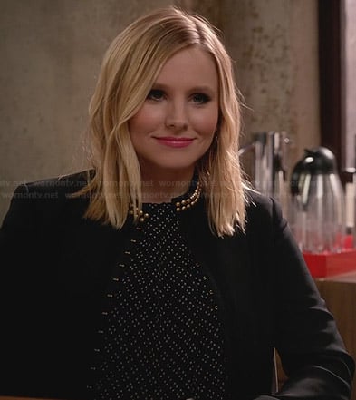 Jeannie's diamond printed blouse and studded jacket on House of Lies