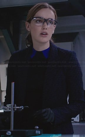 Jemma's black sweater with blue faux collar and printed blazer on Agents Of SHIELD