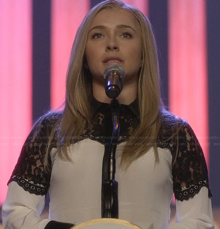Juliette's white shirt with lace yoke and leather collar on Nashville