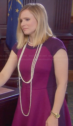 Ingrid's (Kristen Bell) purple and pink colorblock dress on Parks and Recreation