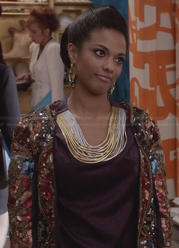 Larissa's cord detail blouse and crystal embellished jacket on The Carrie Diaries