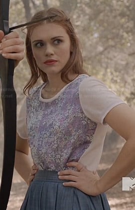 Lydia's white top with floral panel and pleated skirt on Teen Wolf