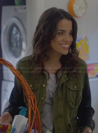 Meg's green jacket with ombre sleeves on Trophy Wife