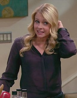 Mel's purple blouse with leather trim on Melissa & Joey