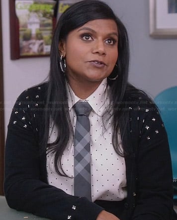 Mindy's pin dot shirt with checked tie and crystal studded cardigan on The Mindy Project