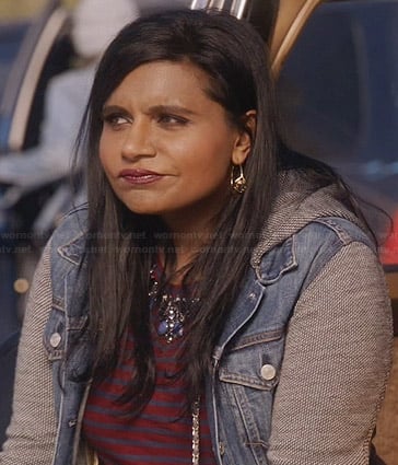 Mindy's denim jacket with grey sleeves and hood and red striped top on The Mindy Project