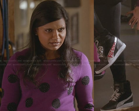 Mindy's purple polka dot sweater and wedge sneakers on The Mindy Project
