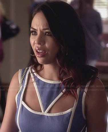 Mona's blue cutout dress with white trim on Pretty Little Liars