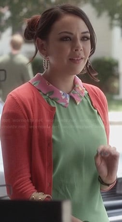 Mona's green top with pink floral collar on Pretty Little Liars