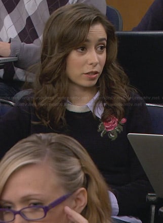 The Mother's navy sweater with embroidered rose on How I Met Your Mother