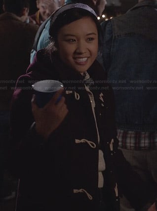 Mouse's burgundy toggle coat and purple bow headband on The Carrie Diaries