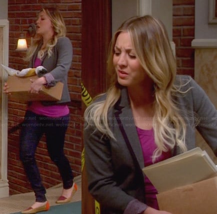 Penny's grey trimmed blazer and colorblock flats on The Big Bang Theory