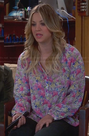 Penny's pink floral long sleeve blouse on The Big Bang Theory