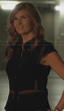 Rayna's black button front top with lace stripes on Nashville