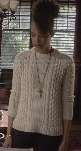 Remy's white cable knit sweater on Ravenswood