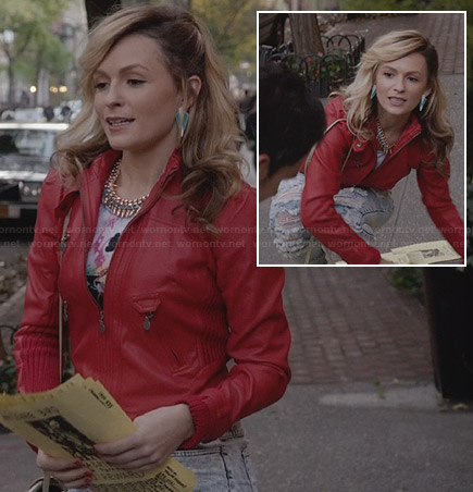 Samanta's red leather jacket and acid-wash ripped jeans on The Carrie Diaries