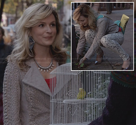Samantha's taupe embellished jacket and lace jeans on The Carrie Diaries