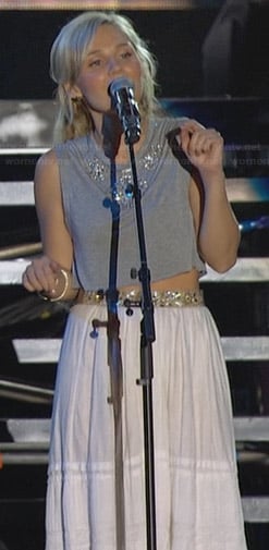 Scarlett's grey embellished crop top and white maxi skirt on Nashville