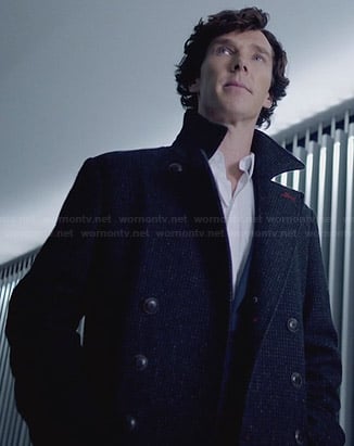 Sherlock's tweed coat with red button stitching on Sherlock
