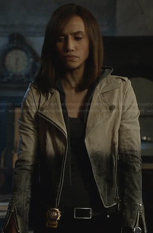 Tess's leather ombre moto jacket on Beauty and the Beast