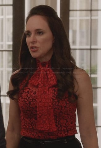 Victoria's red lace neck tie top on Revenge