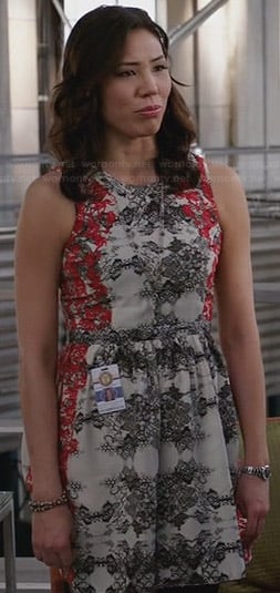 Angela's white printed dress with red embroidered sides on Bones