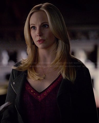 Caroline's purple v-neck top and grey jacket on The Vampire Diaries
