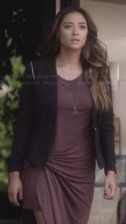 Emily's purple gathered t-shirt dress and black blazer on Pretty Little Liars