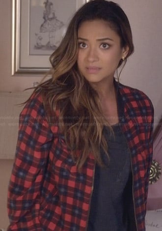 Emily's red checked bomber jacket on Pretty Little Liars