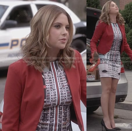 Hanna's city printed dress,red blazer and black studded heels on Pretty Little Liars