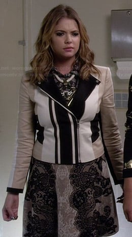 Hanna's biege, white and black jacket and lace skirt on Pretty Little Liars
