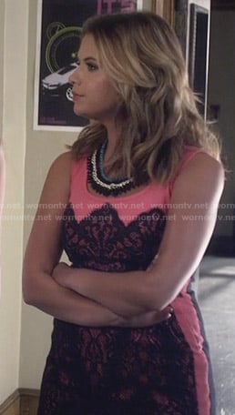 Hanna's pink and black lace dress on Pretty Little Liars