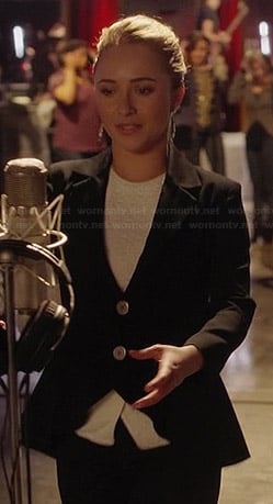 Juliette's white textured top and black peplum blazer on Nashville