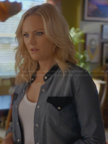 Kate's chambray shirt with leather pockets on Trophy Wife