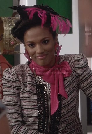 Larissa's tweed jacket with beaded trim on The Carrie Diaries