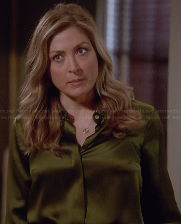 Maura's olive green satin blouse on Rizzoli and Isles