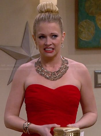 Mel's red strapless ball gown on Melissa and Joey