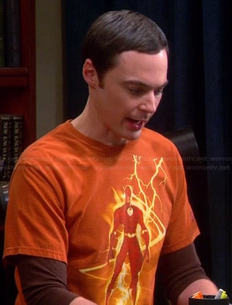 Sheldon's orange Flash tee on The Big Bang Theory