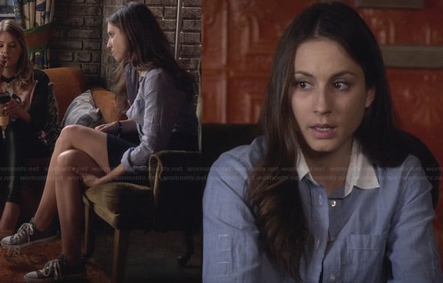 Spencer's blue shirt with white collar and grey chuck taylors on Pretty Little Liars