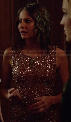 Thea's dusty pink sequin and beaded dress on Arrow
