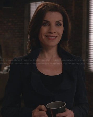 Alicia's navy jacket with ruffled collar on The Good Wife