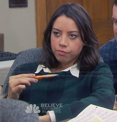 April's green checked sweater on Parks and Recreation