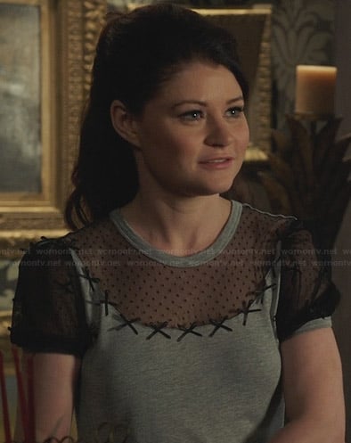 Belle's grey top with polka dot mesh and bows on Once Upon a Time