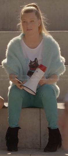 Brittany's cat tee and blue fluffy jacket on Glee