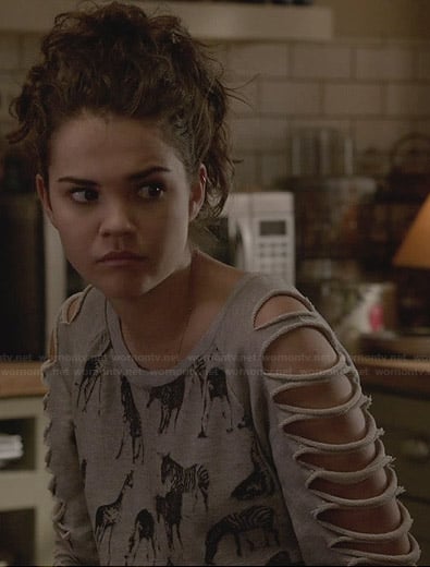 Callie's grey animal print sweatshirt with slashed sleeves on The Fosters