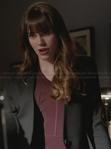 Charlotte's burgundy sweater dress and black cropped jacket on Revenge