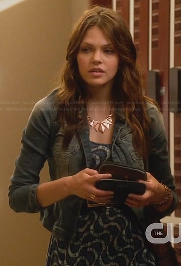 Emery's blue wave printed dress and denim jacket on Star-Crossed